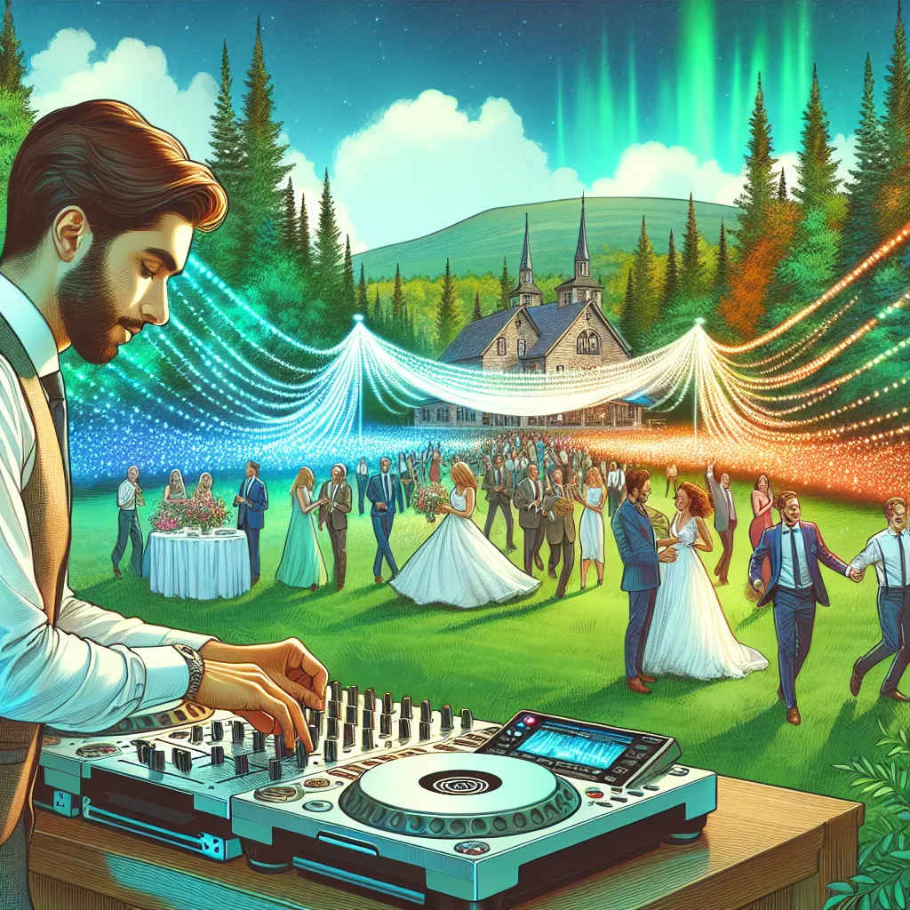 A wedding DJ at work in a scenic Bowdoin, Maine setting.