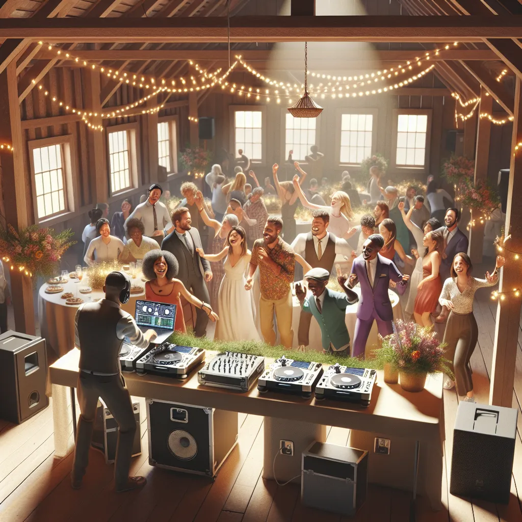 A wedding reception in Bowdoin, Maine with a DJ and dancing guests.