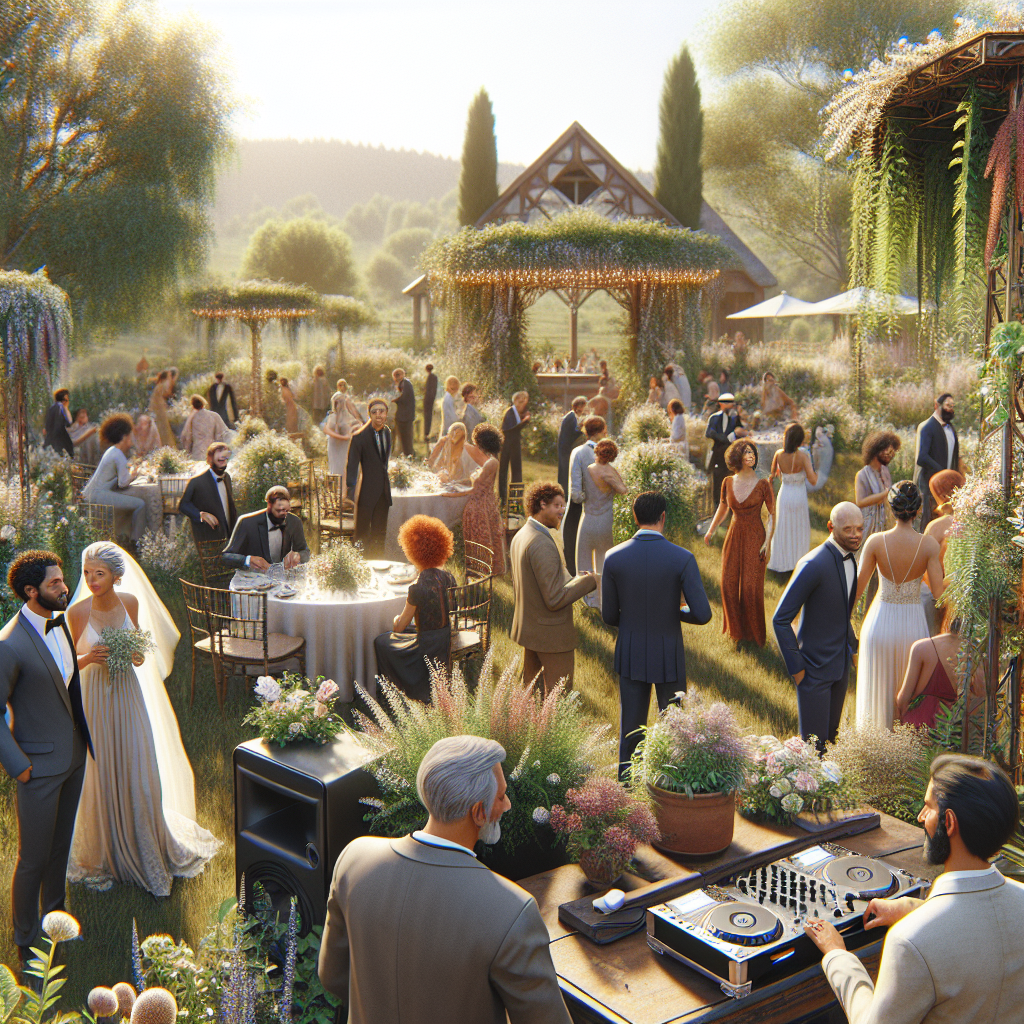 A realistic depiction of a wedding reception in Buxton, Maine with a DJ and guests in a picturesque setting.