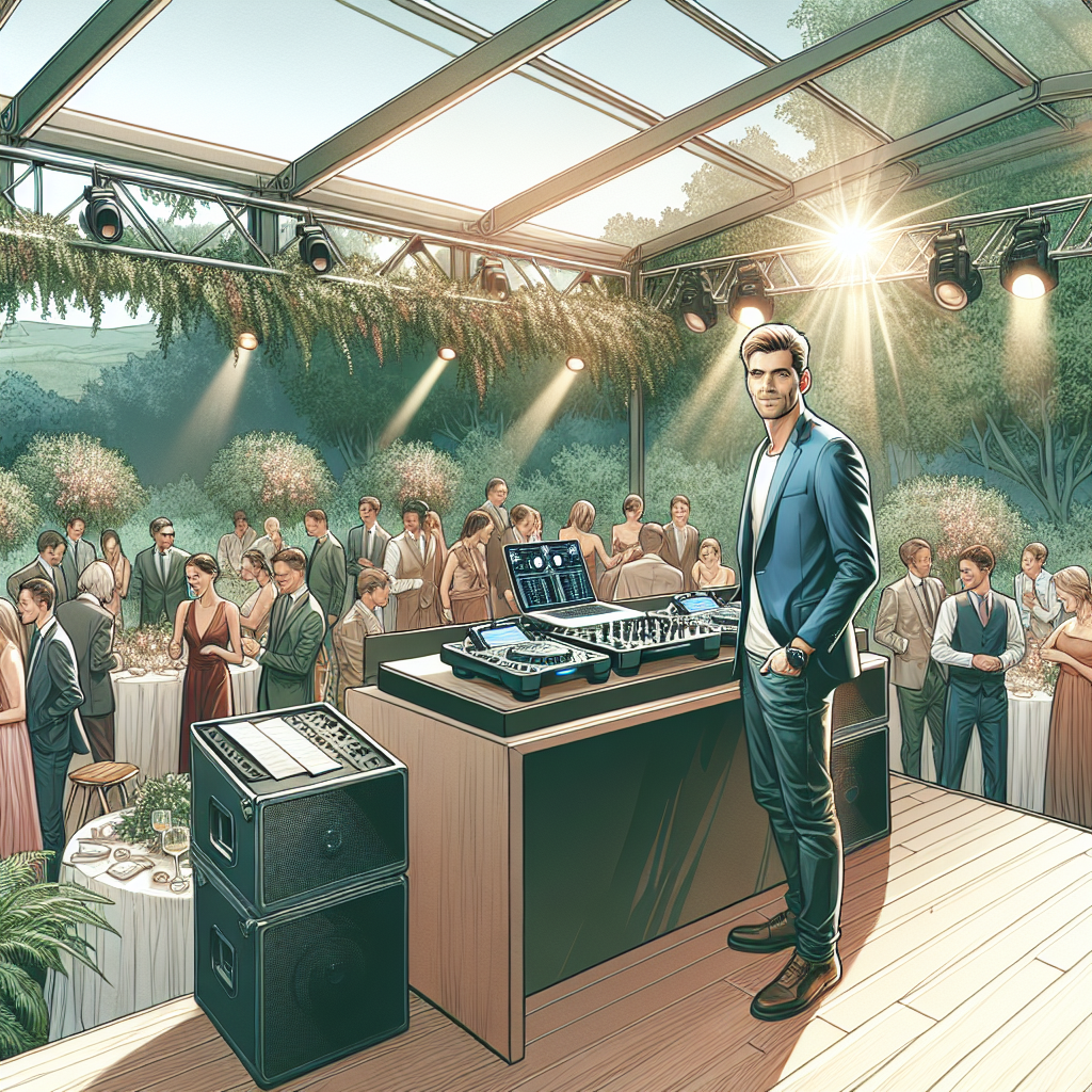 A wedding DJ setup in a scenic outdoor venue in Buxton, Maine, with guests dancing.