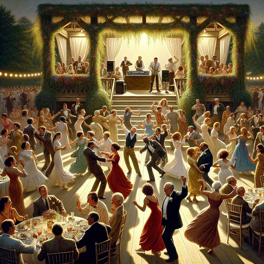 A wedding celebration in Buxton, Maine, showcasing a lively dance floor, joyful guests, and a skilled DJ in a picturesque outdoor setting.