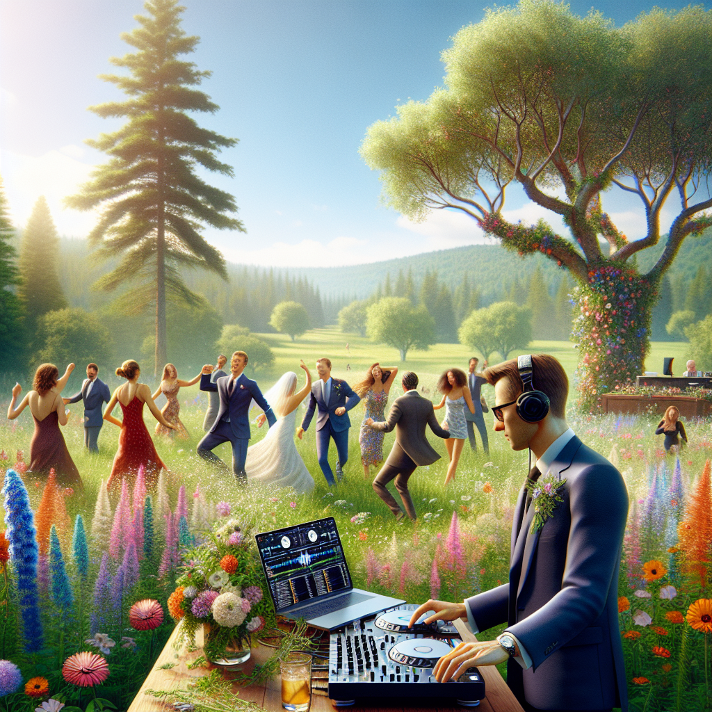 An outdoor wedding scene in Buxton, Maine, with a DJ in the background and guests dancing joyfully.